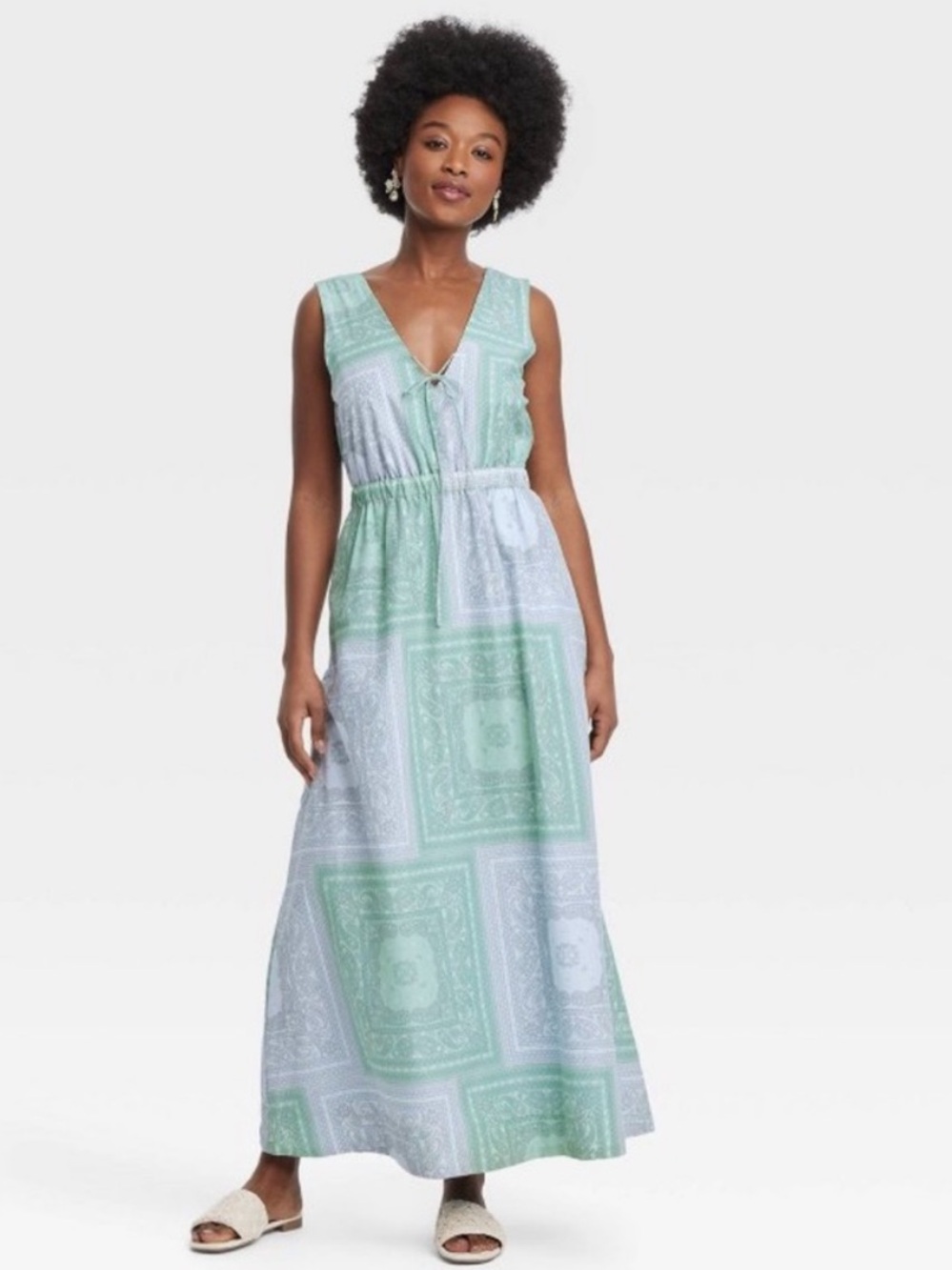 Universal Thread Paisley V-Neck Maxi Dress in Mint and Light Blue L NWT